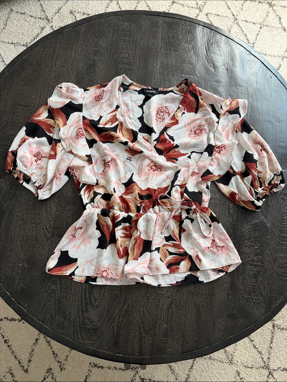 Express Floral Wrap Peplum Blouse - White, Pink, Black